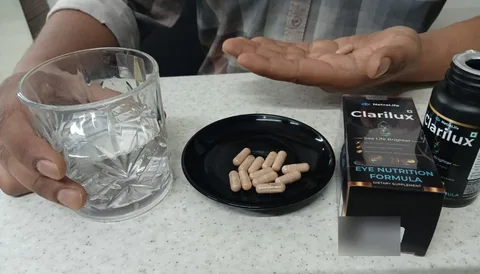 Clarilux capsules on a black plate next to a glass of water and the box