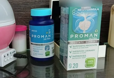 Proman Ultra bottle and box on a glass shelf