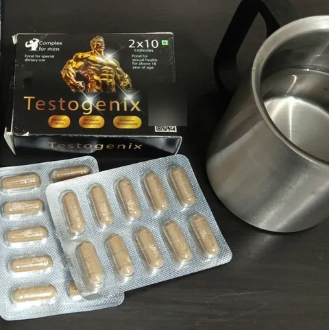 Testogenix box and blister strips next to a steel mug