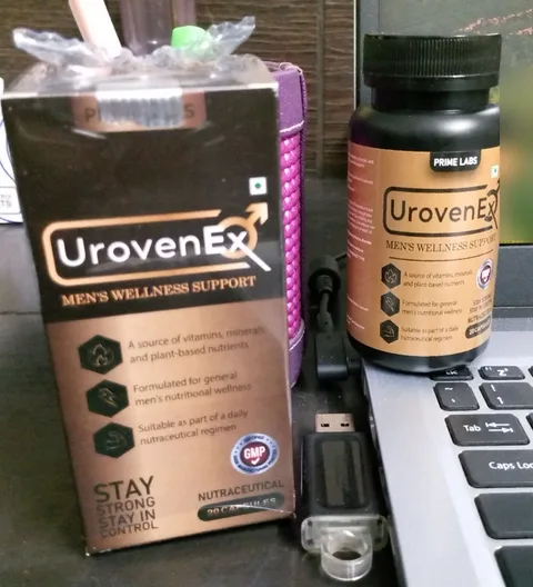 UrovenEx box and bottle next to a laptop keyboard