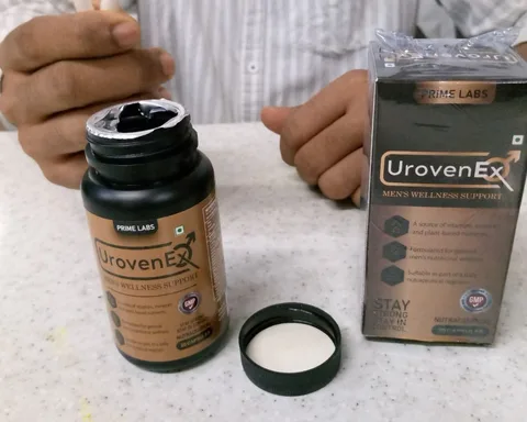 Hands opening a UrovenEx bottle next to the box